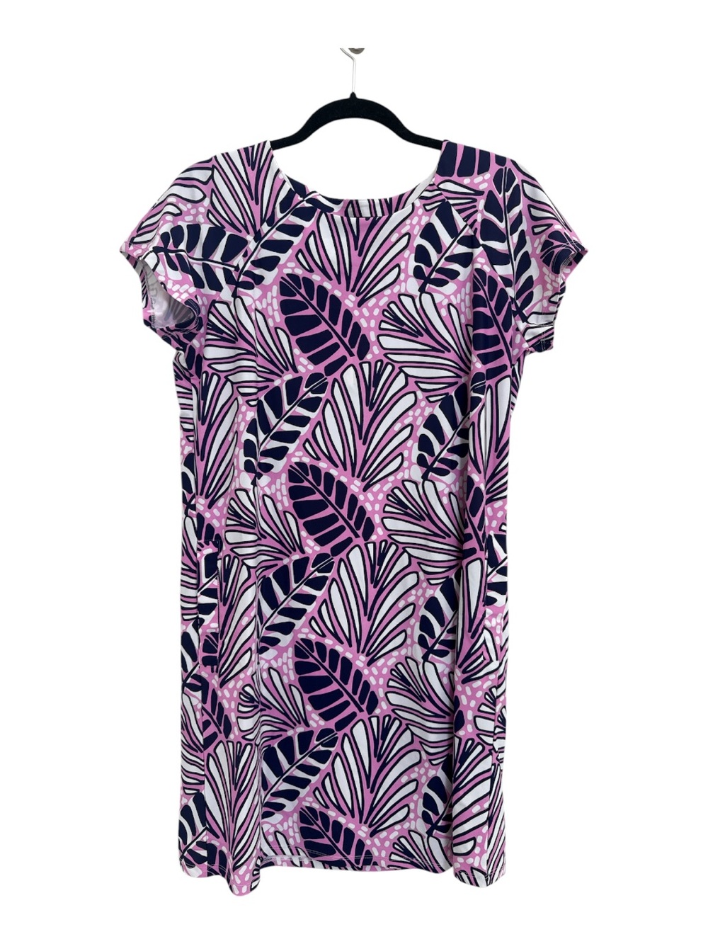 NWT All For Color Pink and Navy Leaf Print Short Sleeve Dress UPF50 New with tag
